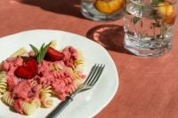 Kaboompics - Strawberry Pasta Plate With Fresh Fruit and Summer Drinks