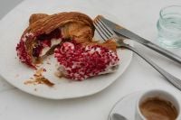 Kaboompics - Berry-Topped Croissant with Espresso and Cutlery