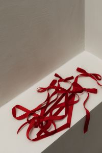 Kaboompics - Red Velvet Ribbon Bows on White Built In Shelf