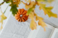 Kaboompics - Open Book with Orange Pumpkin and Oak Leaves on White Linen