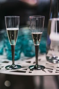 White table with cyan glasses