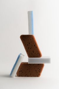 Colorful Home Cleaning Supplies: Sponges, Brushes and Spray Bottles