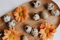 Kaboompics - Close-Up Quail Eggs and Gerbera Flowers on a Rustic Wooden Board