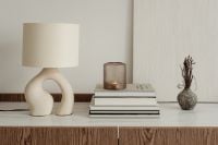 Kaboompics - Sculptural Ceramic Table Lamp on a Wooden Sideboard with Books and Dried Stems