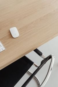 Kaboompics - White Mouse on Light Oak Desk with Keyboard and Copy Space