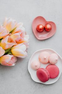 Kaboompics - Tulip Bouquet With Heart Chocolates and Pastel Macarons