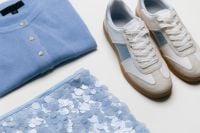 Kaboompics - Blue Polo Shirt, White Sneakers and Blue Sequins Flat Lay