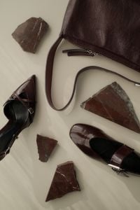 Kaboompics - Cherry Burgundy Shoes Bag and Stone Flat Lay