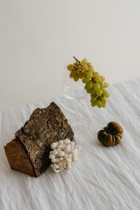 Kaboompics - Mushroom, Bark and Tomato Still Life on White Fabric