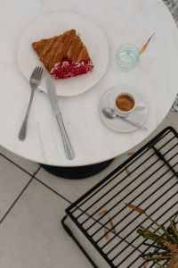 Kaboompics - Overhead Croissant, Espresso and Water Glass on Cafe Table