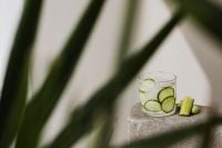 Kaboompics - Cucumber Detox Water on a Concrete Pedestal, Framed by Blurred Green Leaves in a Wide Minimal Background