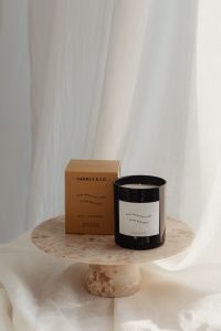 Kaboompics - Black Candle and Fragrance Box on Round Stone Pedestal