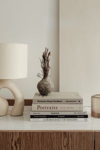 Kaboompics - Ceramic Table Lamp and Dried Vase Styled on Design Books, Beige Background