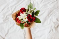 Kaboompics - Red Flower Arrangement With Space for Text on White Bedding