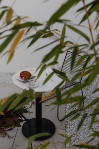 Kaboompics - Coffeehouse Table Seen Through Green Foliage