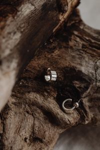 Kaboompics - Curved Silver Jewelry Pieces on Dark Weathered Bark