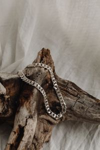 Kaboompics - Silver Chain Necklace Draped across Driftwood and Linen