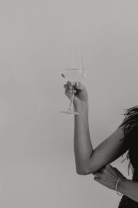 Kaboompics - Black-and-White Close-Up of Arm Holding a Wine Glass beside Feathered Dress