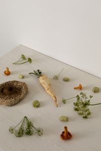 Kaboompics - Broad Beans, Chanterelles and Delicate Herbs on White Texture