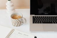 Kaboompics - Laptop and Coffee with a Green Pencil Cup on Marble