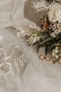 Kaboompics - Crystal Bridal Tiara and Wedding Rings with White Bouquet