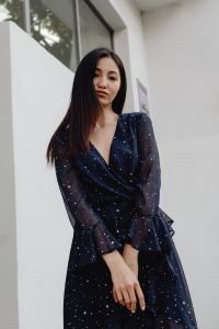 Kaboompics - Asian Woman in Navy Polka Dot Dress against Minimal White Background