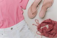 Kaboompics - Pink T-Shirt, White Shorts, Sandals and Crochet Bag