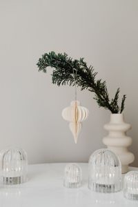 Kaboompics - Paper Ornament With Evergreen Branch and Glass Domes