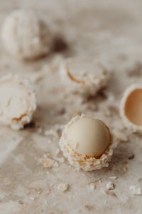 Kaboompics - Macro Coconut-Covered Truffle Cut Open to Reveal Creamy Center, Soft-Focus Dessert Background
