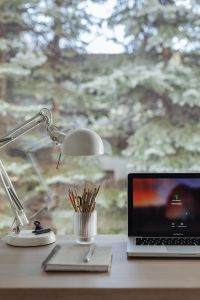 Kaboompics - Vertical Work from Home Setup with White Desk Lamp, Pencils and Laptop beside Trees