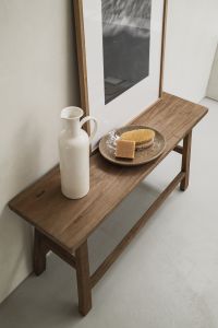 Kaboompics - Wooden Bench with Ceramic Vase and Soap Styling