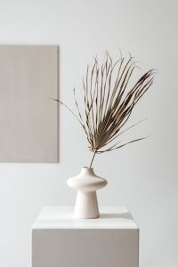 Kaboompics - Dried Palm Frond in White Sculptural Vase with Beige Canvas