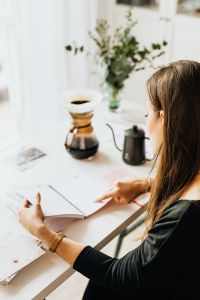 Kaboompics - Woman Journaling at Her Desk with Chemex Coffee and Kettle