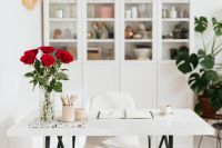 Kaboompics - Red Rose Bouquet with Open Planner and Coffee on a Bright Home Office Desk