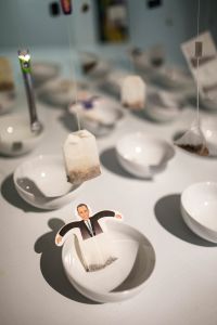 Funny tea bags and little white cups