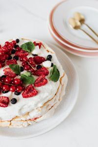 Berry Pavlova Cake and Coffee: Fresh Summer Dessert Still Life