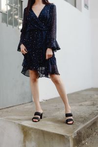 Kaboompics - Full Body Asian Fashion Model in Navy Blue Dress and Black Sandals