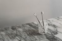 Kaboompics - Patterned Glass Holding Two Toothbrushes on Marble, Wide Bathroom Background with Copy Space