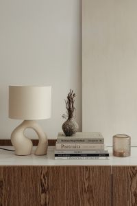Kaboompics - Neutral Living Room Decor with Ceramic Lamp, Dried Stems and Copy Space