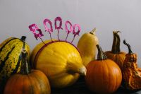 Kaboompics - Halloween Pumpkins and Autumn Gourds with Purple Boo Decor