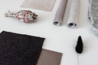 Kaboompics - Neutral Material Moodboard with Sage Bundle and Black Feather