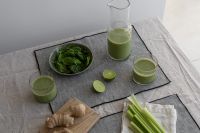 Kaboompics - Green Smoothie Setup with Fresh Ingredients and Glasses