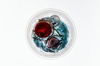 Kaboompics - Red and Blue Microplastic Fragments in a Laboratory Petri Dish, Colorful Environmental Research Flat Lay on White