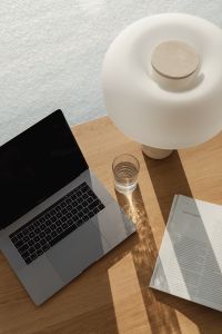 Kaboompics - Top-Down Travertine Lamp Detail on a Neutral Desk