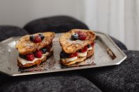 Kaboompics - French Toast Breakfast Tray on a Dark Sofa