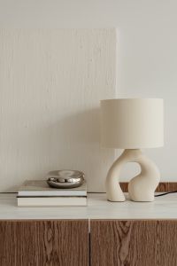 Kaboompics - Sculptural Table Lamp with a Silver Bowl on Design Books, Neutral Interior