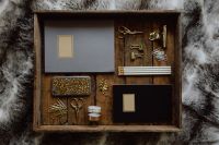 Kaboompics - Office accessories on an old wooden tray