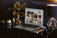 Kaboompics - Styled Home Office Desk with Laptop, Phone and Gold Table Lamps