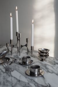 Kaboompics - Chrome Candelabra and Chrome Coffee Cups on Arabescato Marble