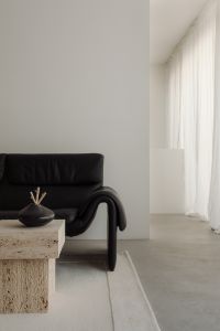 Kaboompics - Black Sofa and Travertine Coffee Table with Dried Stems